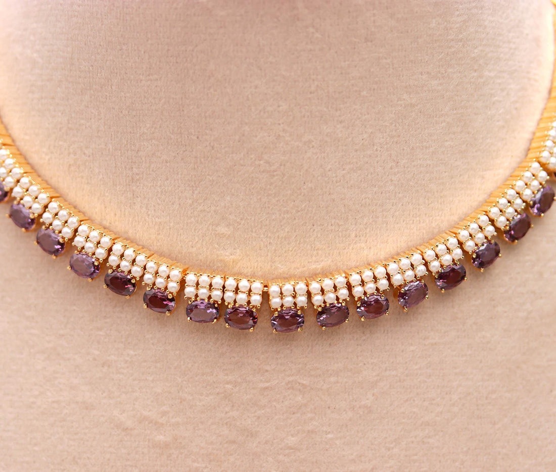 African Amethyst & Pearl Necklace Set | 22K Gold Plated Brass Jewelry | Oval Gemstone Necklace | Adjustable Chain | Elegant Gift For Her — 2