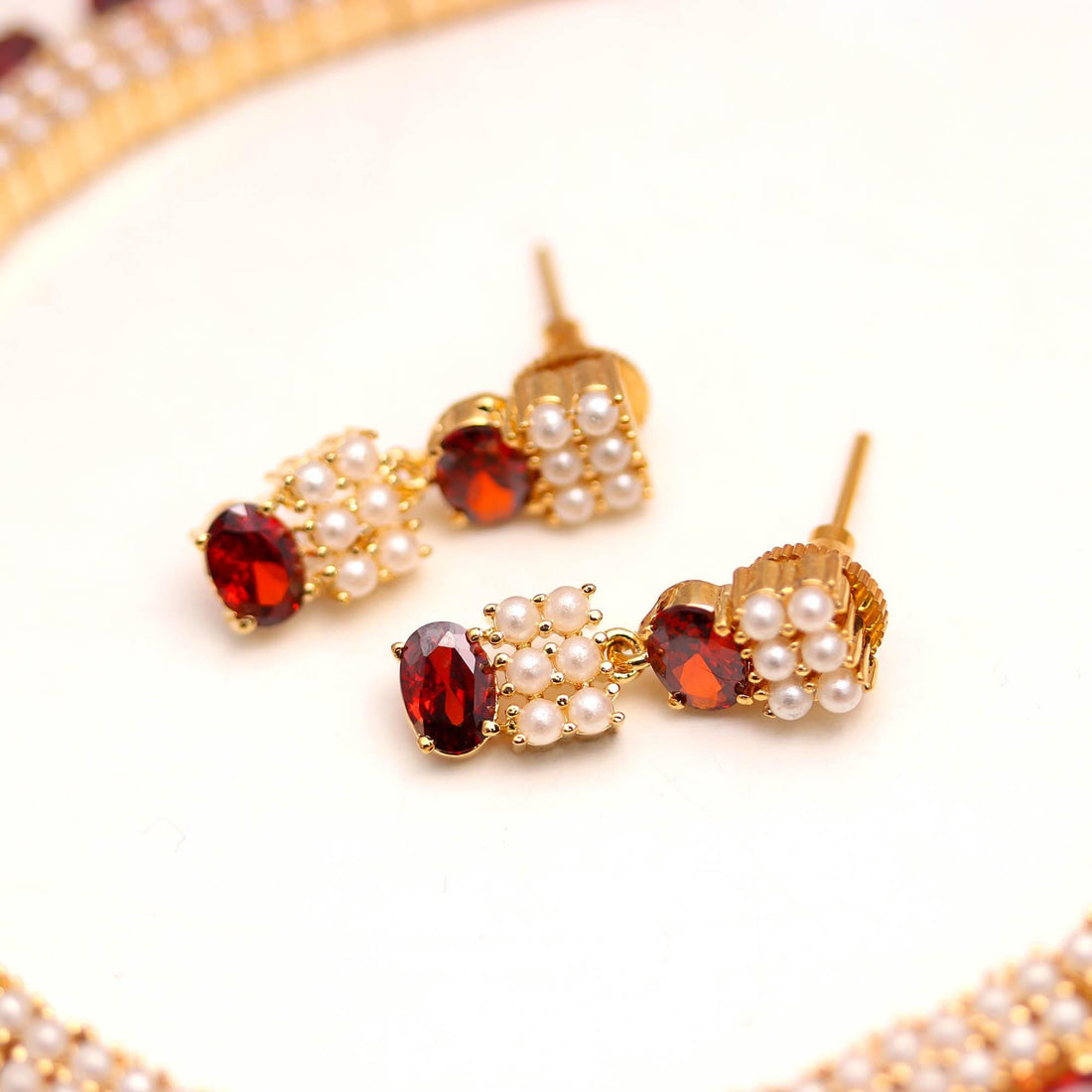 Hessonite & Pearl Necklace Set | 22K Gold Plated Brass Jewelry | Oval Gemstone Necklace | Adjustable Indian Jewelry | Gift For Her — 5