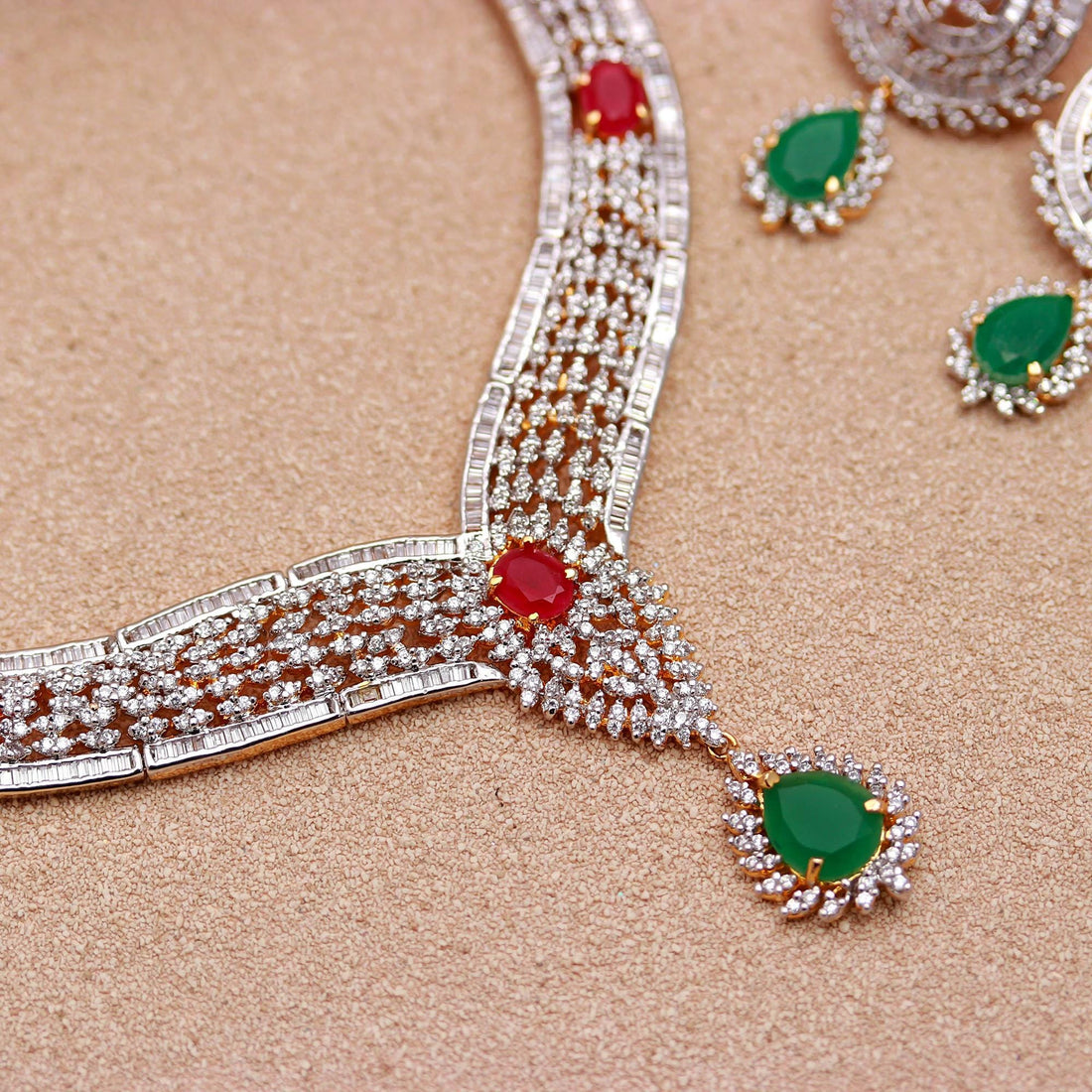 Diamond Look Necklace Set | Ruby Emerald CZ 22K Gold Plated Brass | Oval & Pear Shape | Adjustable Luxury Jewelry | Gift For Her — 4