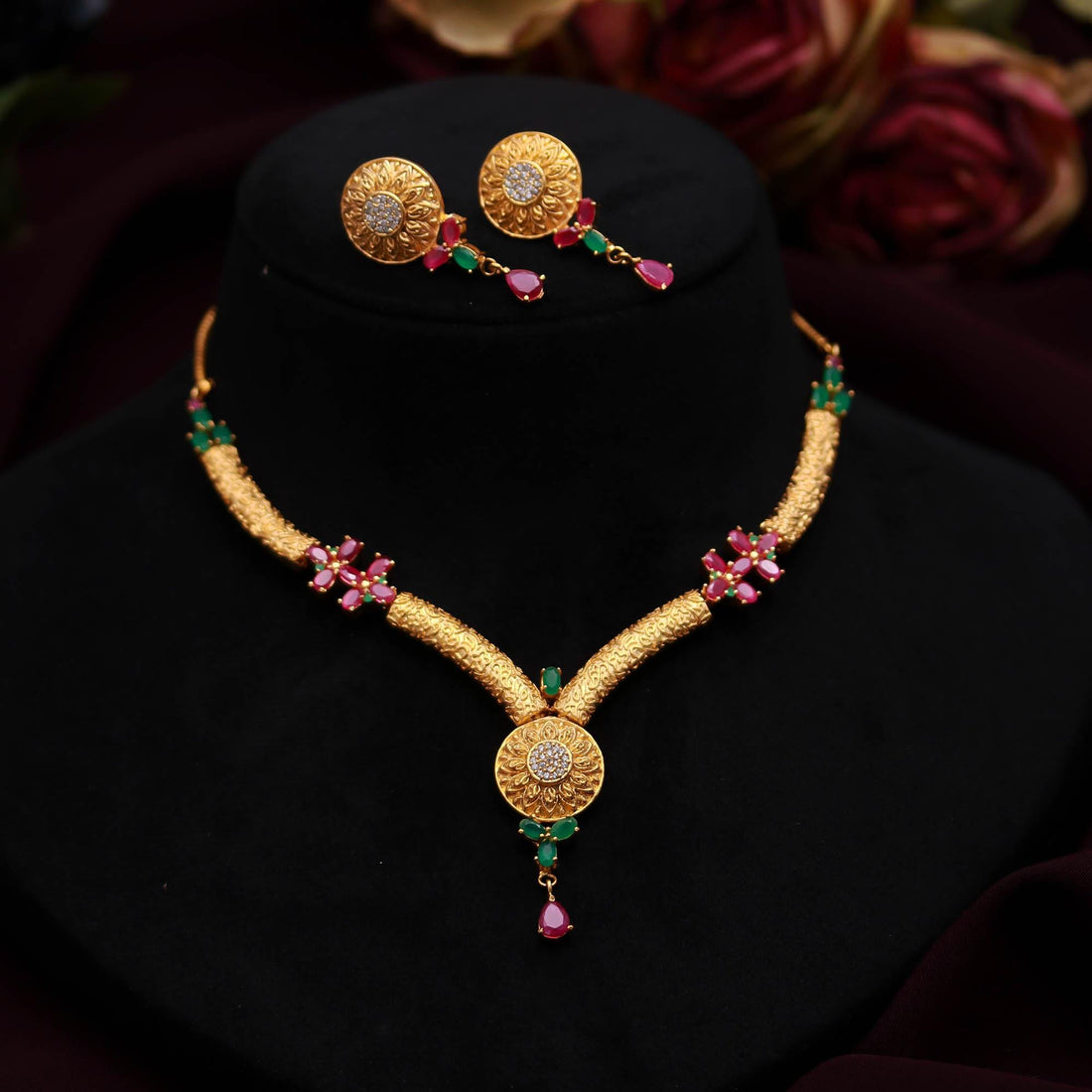 Matt Gold Polish Necklace Set with Ruby - Emerald | 22K Gold Plated Brass | Handmade South Indian Bridal Necklace & Earrings |Gift For Her