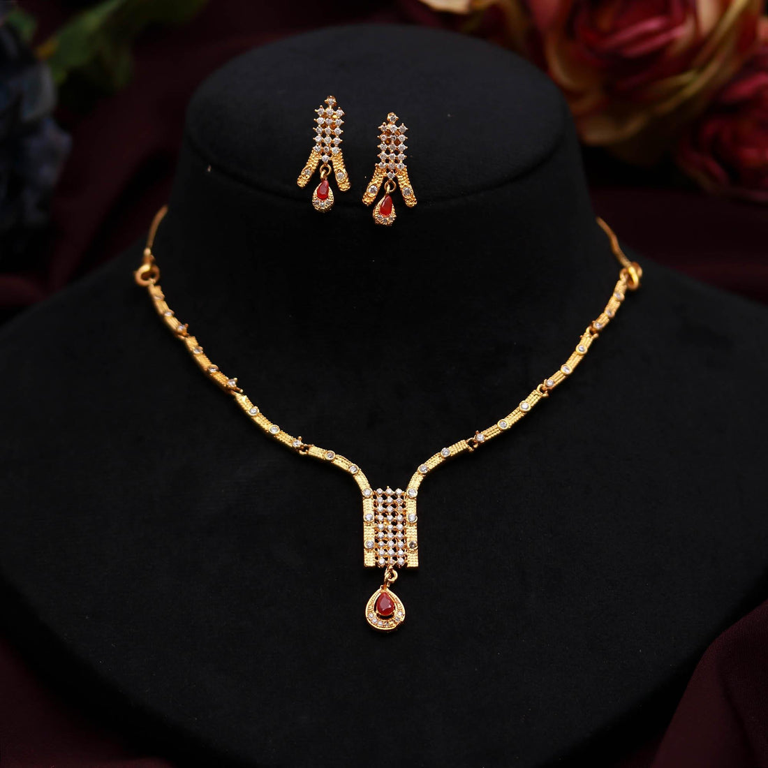 22K Gold Plated Brass Ruby & CZ Gold Necklace Set | Pear Shape Stone Necklace | Traditional Indian Bridal Jewelry |Gift For Her