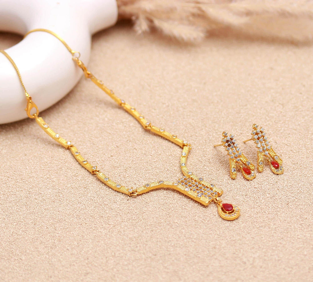 22K Gold Plated Brass Ruby & CZ Gold Necklace Set | Pear Shape Stone Necklace | Traditional Indian Bridal Jewelry |Gift For Her — 3