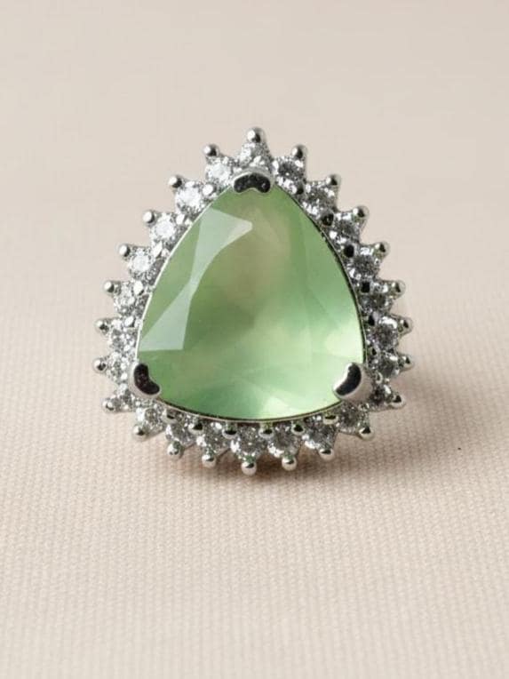 Green Quartz & CZ Diamond Adjustable Ring | White Plated Cocktail Statement Ring | Elegant Bridal  Ring | Party Wear Ring  | Gift for Her
