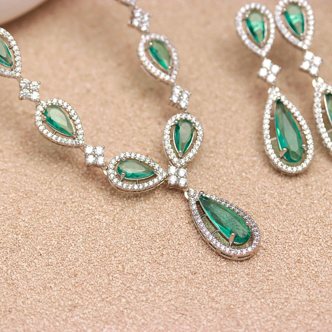 Premium Emerald Necklace Set | 18K White Gold Plated Brass | Pear Shape Lab Grown Colombian Emerald | Adjustable Bridal Jewelry — 4