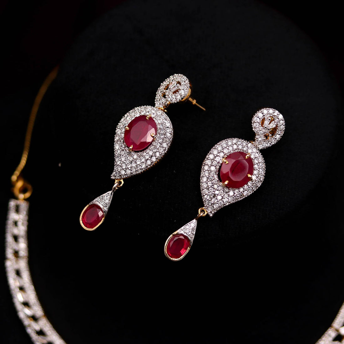 22K Gold Plated Ruby CZ Necklace Set | Oval Design Brass Jewelry | Adjustable Chain | Indian Bridal Jewelry | Gift For Her — 2