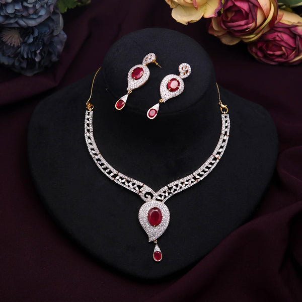 22K Gold Plated Ruby CZ Necklace Set | Oval Design Brass Jewelry | Adjustable Chain | Indian Bridal Jewelry | Gift For Her