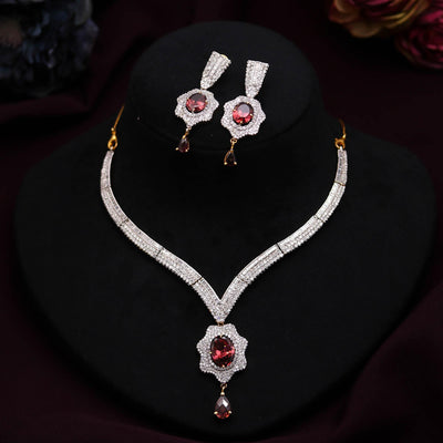 22K Gold Plated Rhodolite Cubic Zirconia Diamond Necklace Set | Gemstone Bridal Necklace | Wedding Party Wear Necklace  | Gift for Her
