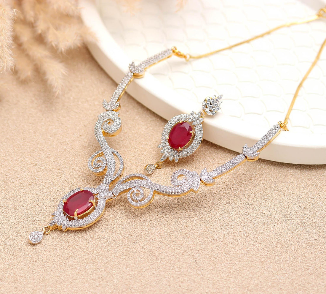 22K Gold Plated Ruby CZ Necklace Set | Oval Design | Brass Jewelry | Adjustable Chain | Indian Traditional Jewelry | Gift For Her — 3