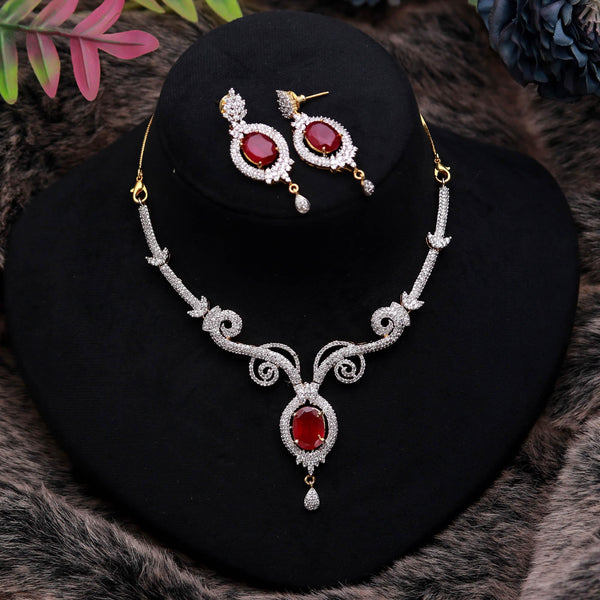 22K Gold Plated Ruby CZ Necklace Set | Oval Design | Brass Jewelry | Adjustable Chain | Indian Traditional Jewelry | Gift For Her