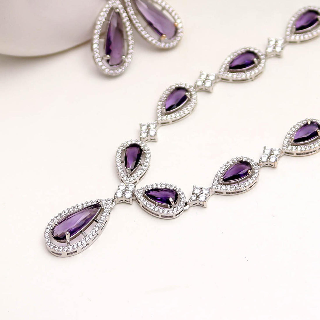 African Amethyst Necklace & Earrings Set | 18K White Gold Plated | Purple Teardrop Bridal Jewelry | February Birthstone | Gift for Her — 5