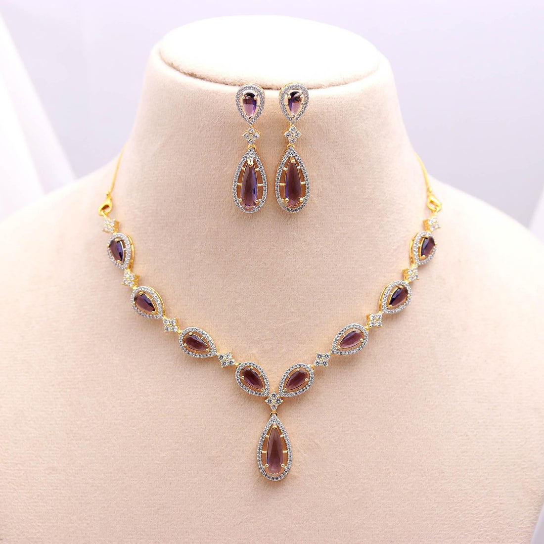Amethyst Necklace & Earrings Set With 22K Gold Plated | Purple Teardrop Jewelry | Bridal Gift | Wedding Set | Gift For Her — 2