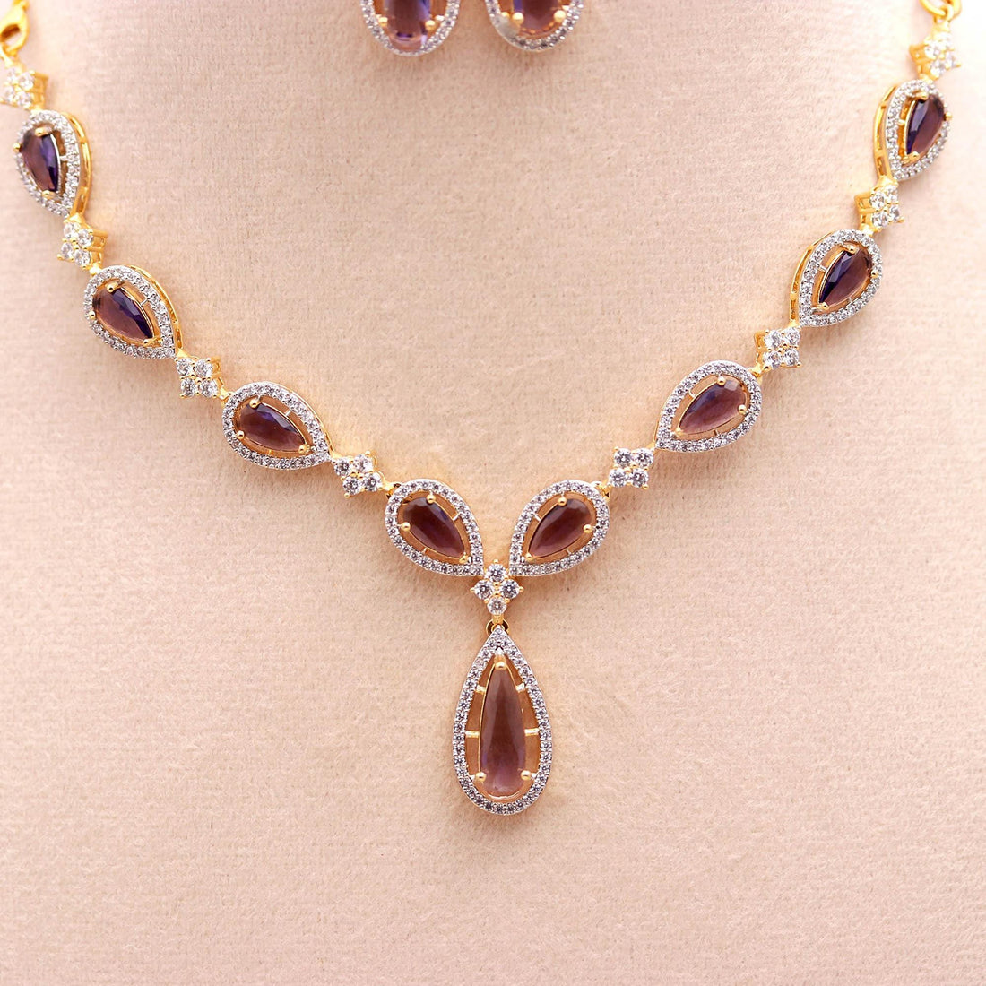 Amethyst Necklace & Earrings Set With 22K Gold Plated | Purple Teardrop Jewelry | Bridal Gift | Wedding Set | Gift For Her — 3