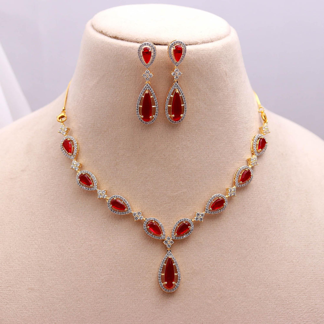 Ruby Necklace & Earrings Set | Brass 22K Gold Plated | Red Teardrop Bridal Jewelry | Wedding Party Wear | Gift for Her