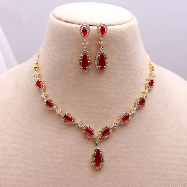 Ruby Necklace & Earrings Set | Brass 22K Gold Plated | Red Teardrop Bridal Jewelry | Wedding Party Wear | Gift for Her