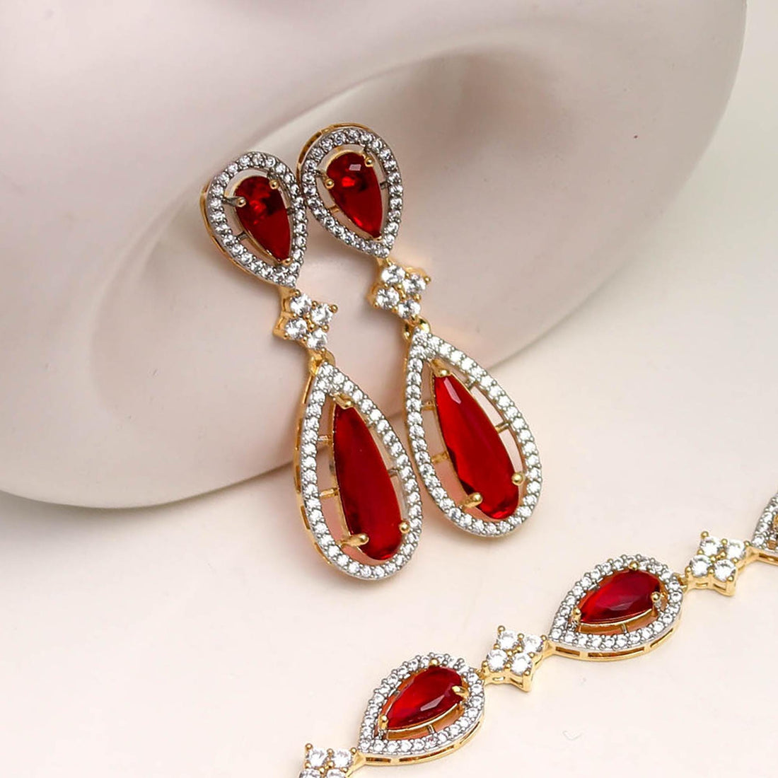 Ruby Necklace & Earrings Set | Brass 22K Gold Plated | Red Teardrop Bridal Jewelry | Wedding Party Wear | Gift for Her — 5