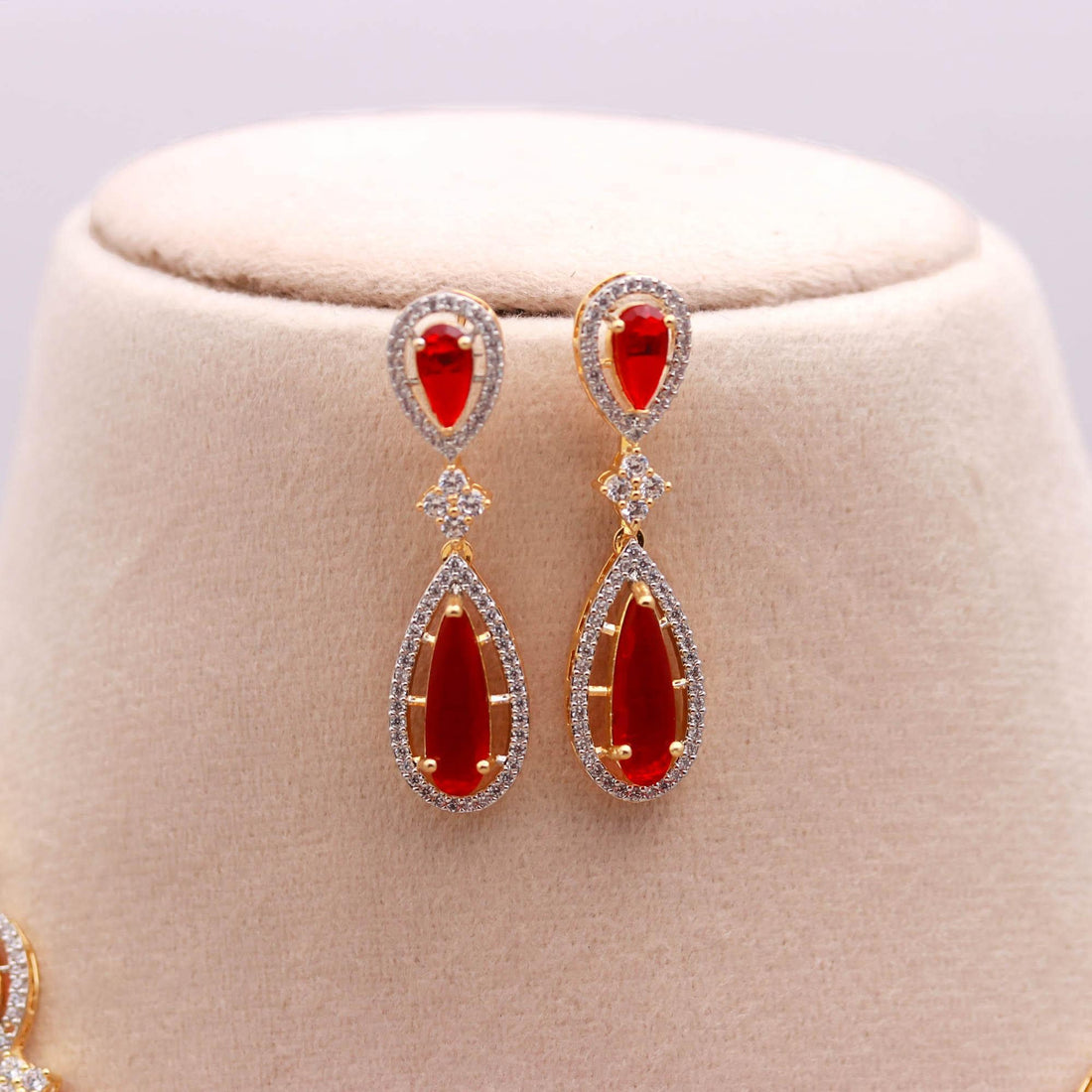 Ruby Necklace & Earrings Set | Brass 22K Gold Plated | Red Teardrop Bridal Jewelry | Wedding Party Wear | Gift for Her — 2