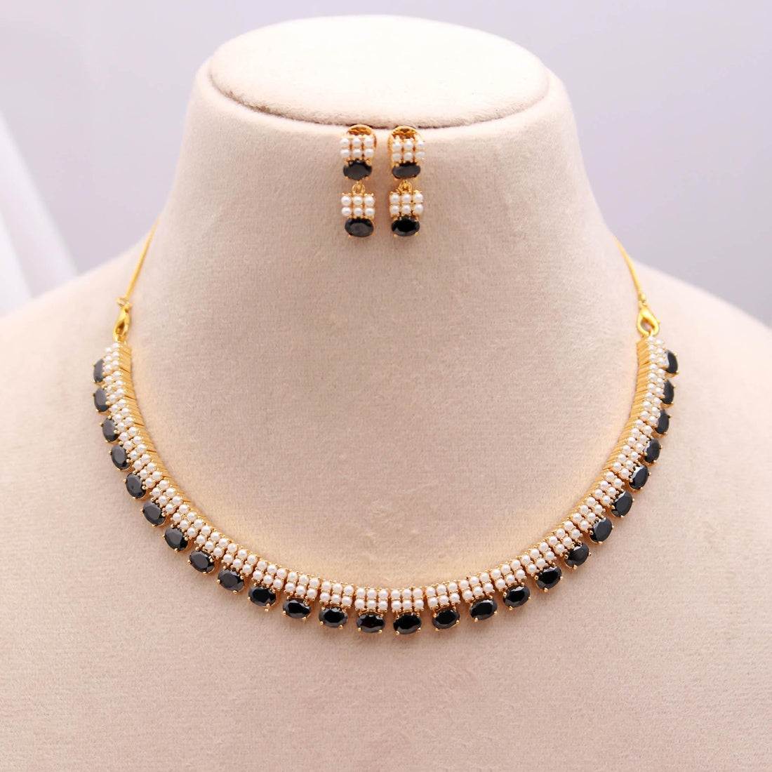 22K Gold Plated Black Onyx & Pearl Necklace Set | Elegant Gemstone Jewelry | Bridal Necklace Earrings | Gift for Her