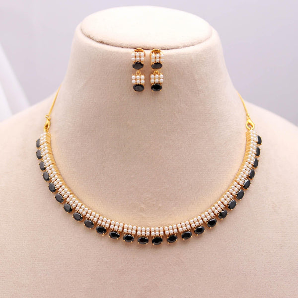 22K Gold Plated Black Onyx & Pearl Necklace Set | Elegant Gemstone Jewelry | Bridal Necklace Earrings | Gift for Her