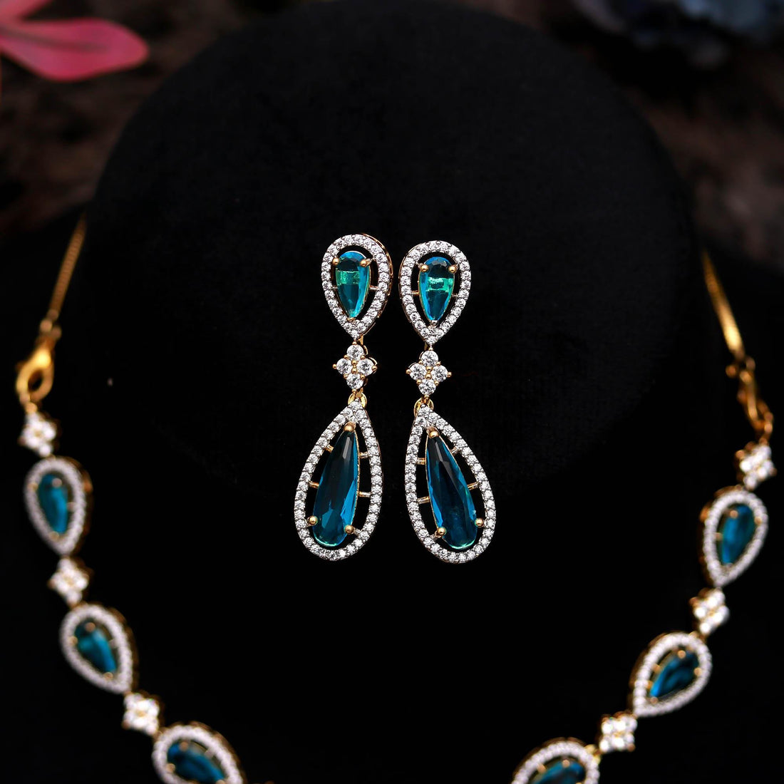 22K Gold Plated Blue Topaz Necklace Set | Pear Shape Necklace | Brass Jewelry | Adjustable Chain | Gift For Her | — 2