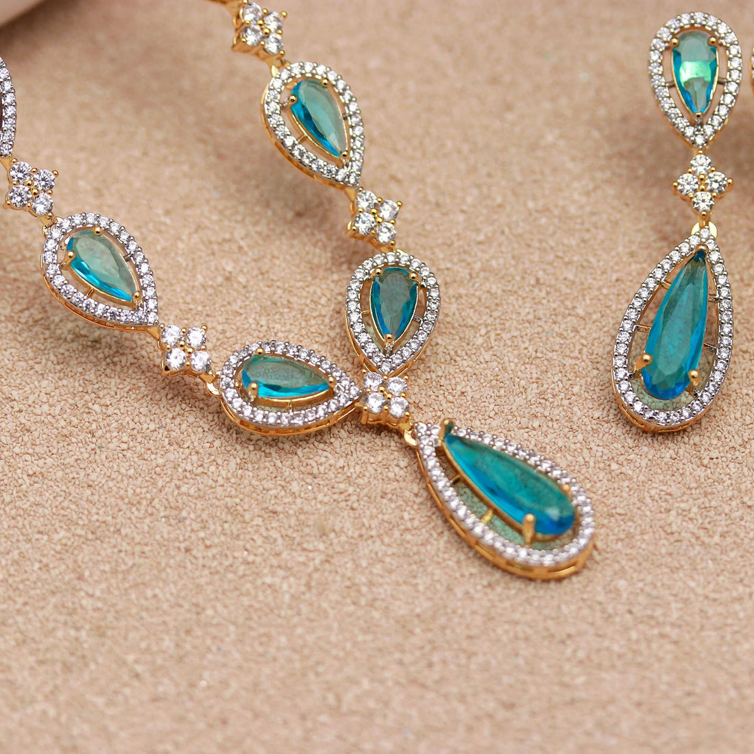 22K Gold Plated Blue Topaz Necklace Set | Pear Shape Necklace | Brass Jewelry | Adjustable Chain | Gift For Her | — 4