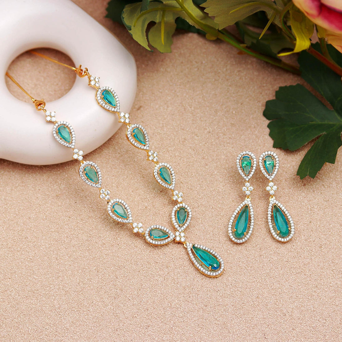 22K Gold Plated Blue Topaz Necklace Set | Pear Shape Necklace | Brass Jewelry | Adjustable Chain | Gift For Her | — 3