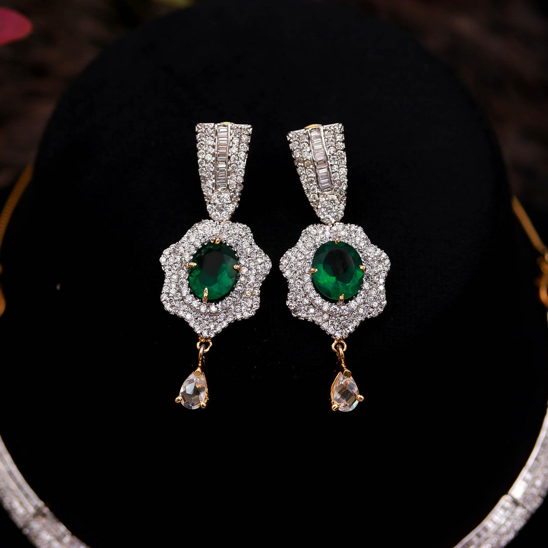 22K Gold Plated Brass Emerald V Shape Diamond CZ Necklace Set | Adjustable Statement Jewelry | Gift For Her | Party Wear Necklace — 2