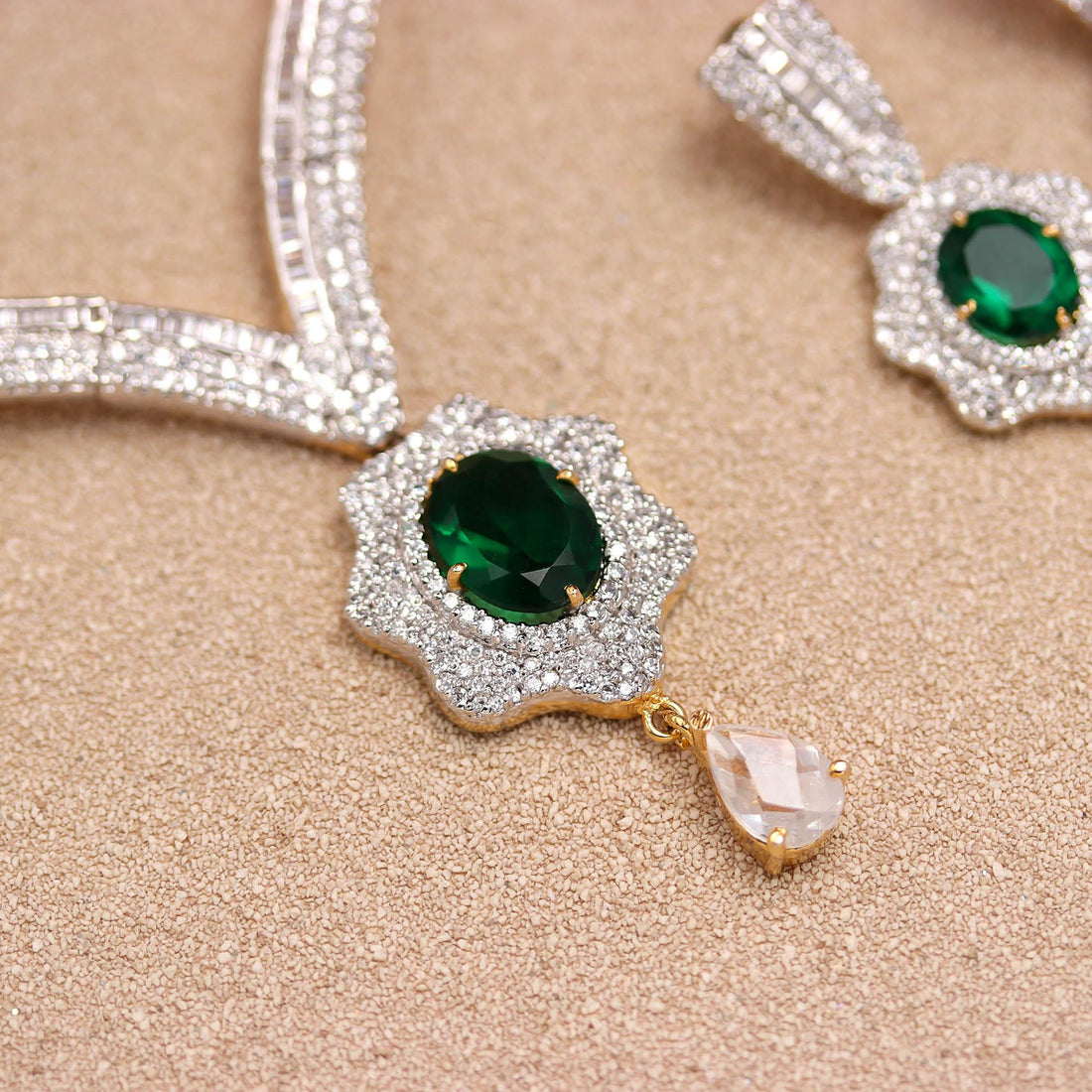 22K Gold Plated Brass Emerald V Shape Diamond CZ Necklace Set | Adjustable Statement Jewelry | Gift For Her | Party Wear Necklace — 4