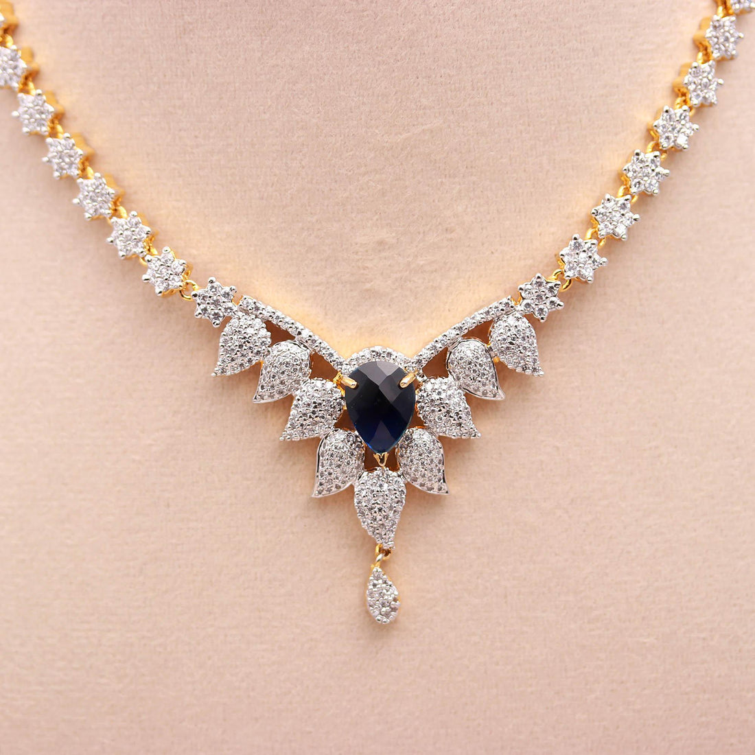 Blue Sapphire CZ Necklace Set | Pear Shape Center Stone | 22K Gold Plated Brass Bridal Jewelry Set | Gift for Her — 2