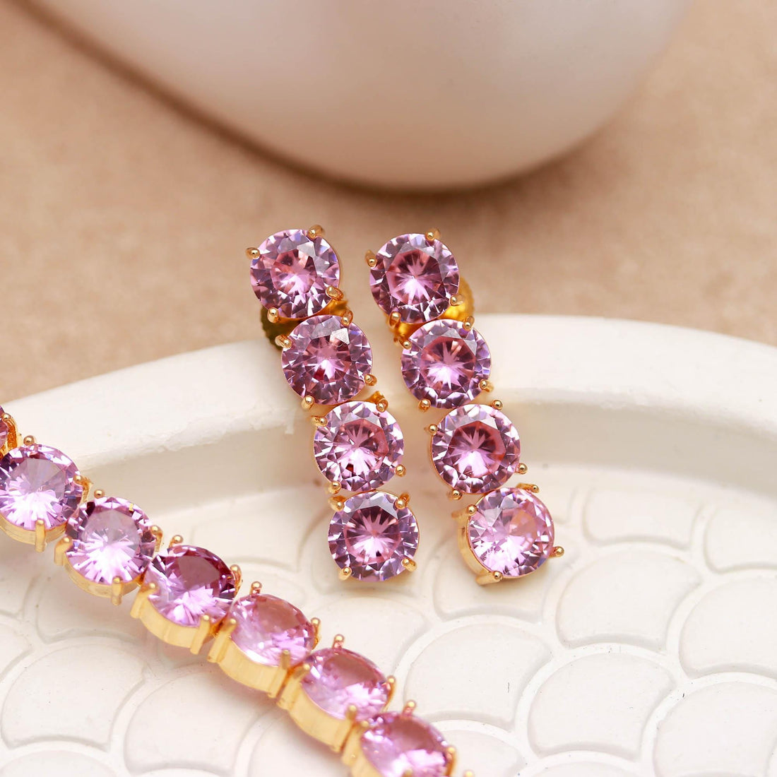 Pink Sapphire Necklace Set | Lab Grown Pink Sapphire Jewelry | 22K Gold Plated Brass Bridal Necklace Earrings Set | Gift For Her — 5