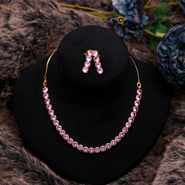 Pink Sapphire Necklace Set | Lab Grown Pink Sapphire Jewelry | 22K Gold Plated Brass Bridal Necklace Earrings Set | Gift For Her