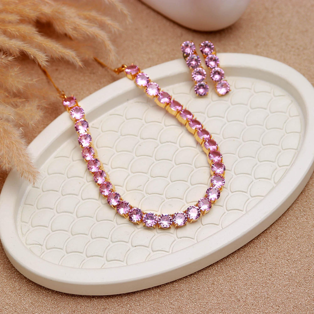 Pink Sapphire Necklace Set | Lab Grown Pink Sapphire Jewelry | 22K Gold Plated Brass Bridal Necklace Earrings Set | Gift For Her — 3