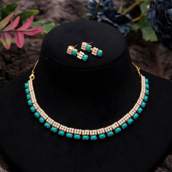 Turquoise & Pearl Necklace Set | Gold Plated Brass | Wedding Party Jewelry | Gift For Her