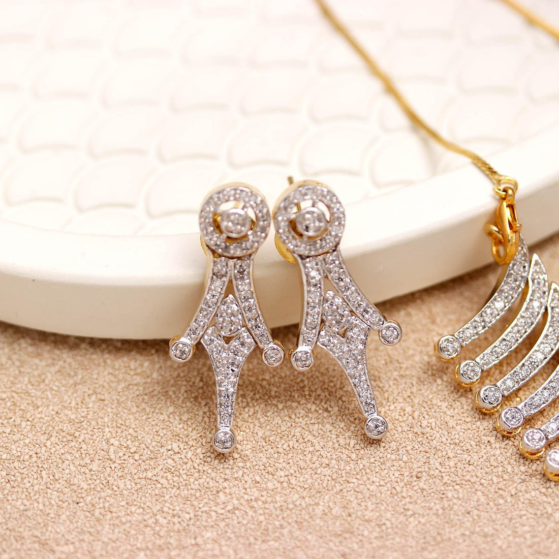 Diamond Look Necklace Set | 22K Gold Plated Brass | CZ Statement Necklace & Earrings | Bridal Wedding Jewelry Set| Gift For Her — 5
