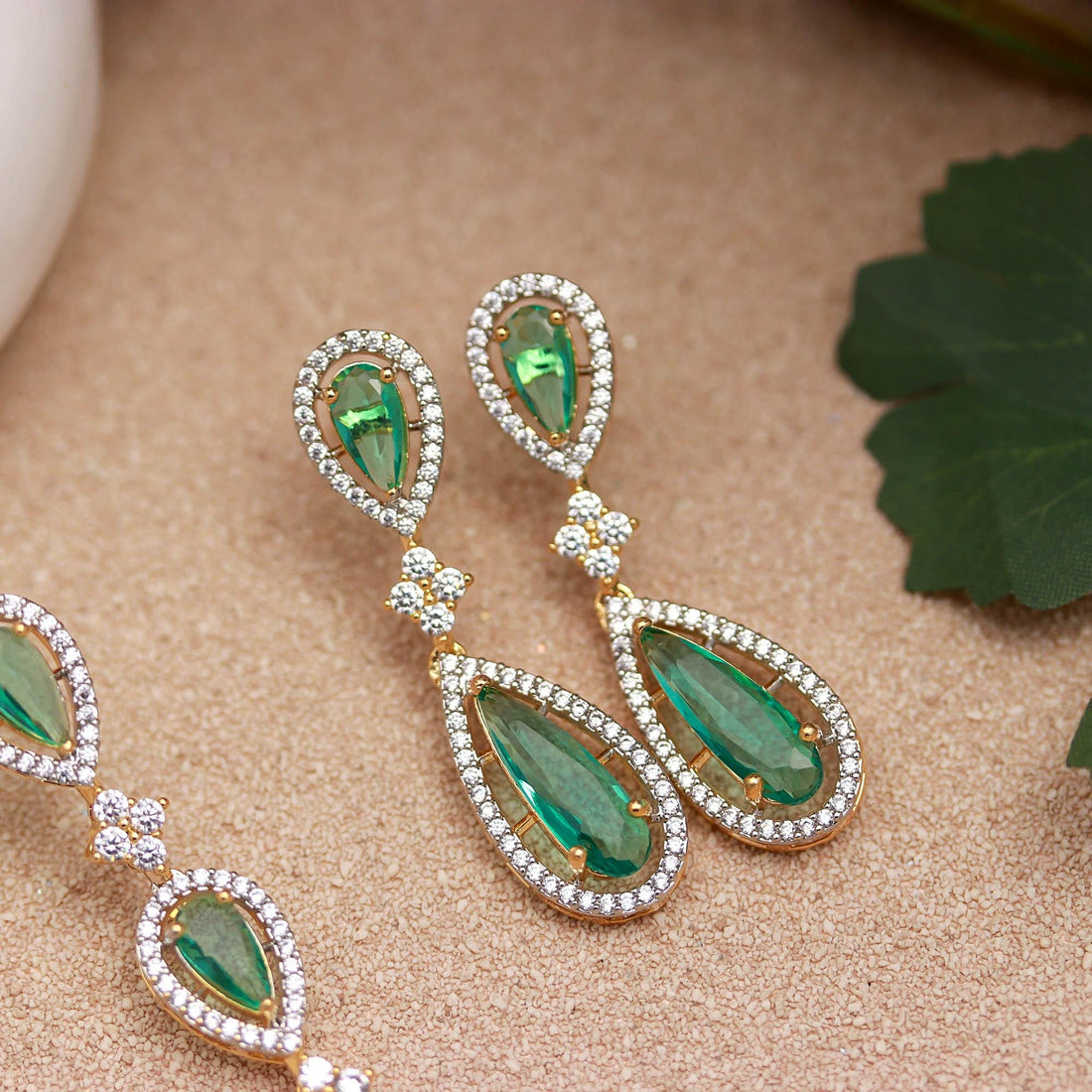 Pear Shape Lab Grown Colombian Emerald Necklace & Earrings Set | 22K Gold Plated Brass | CZ Diamond Look Bridal Jewelry | Gift For Her — 5
