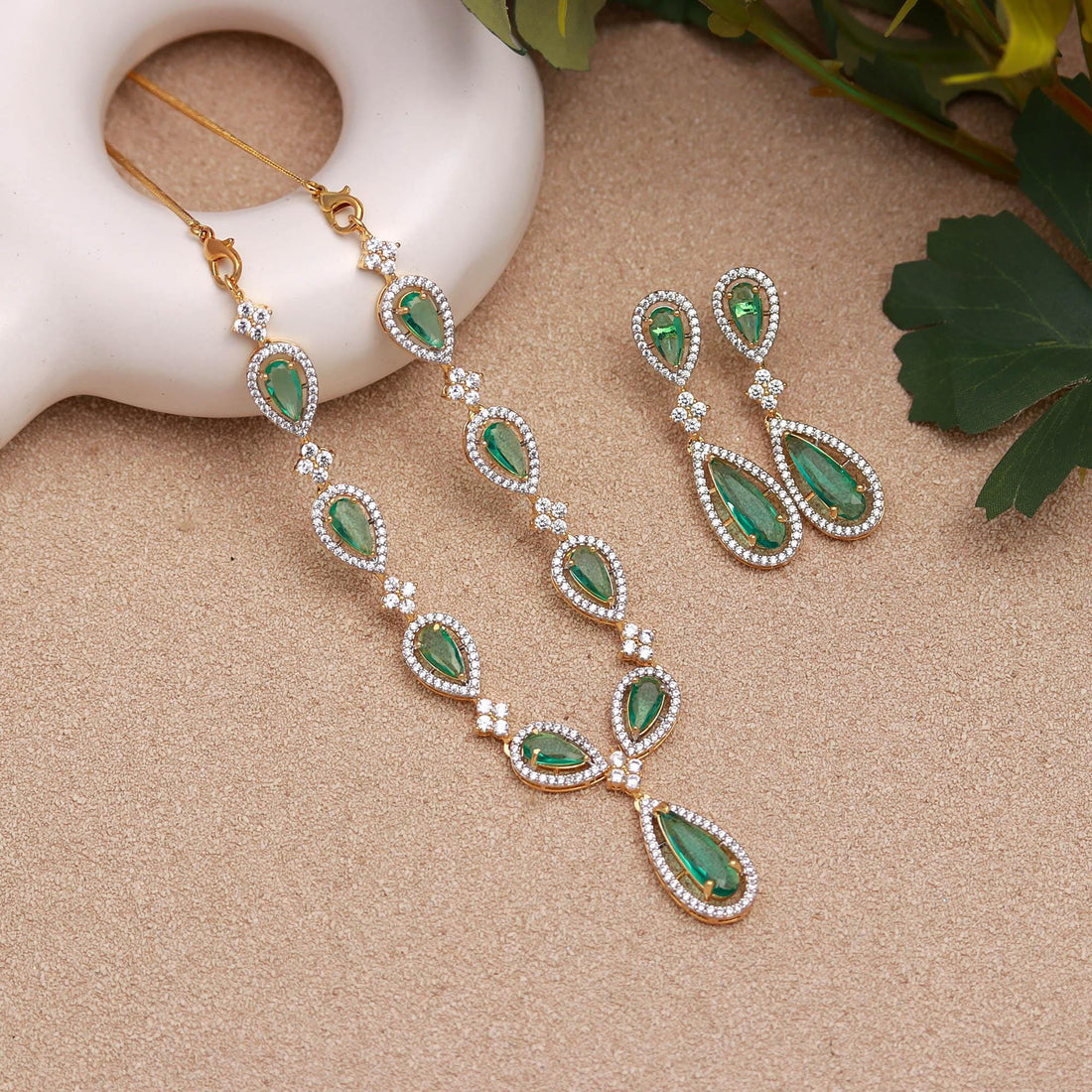 Pear Shape Lab Grown Colombian Emerald Necklace & Earrings Set | 22K Gold Plated Brass | CZ Diamond Look Bridal Jewelry | Gift For Her — 3