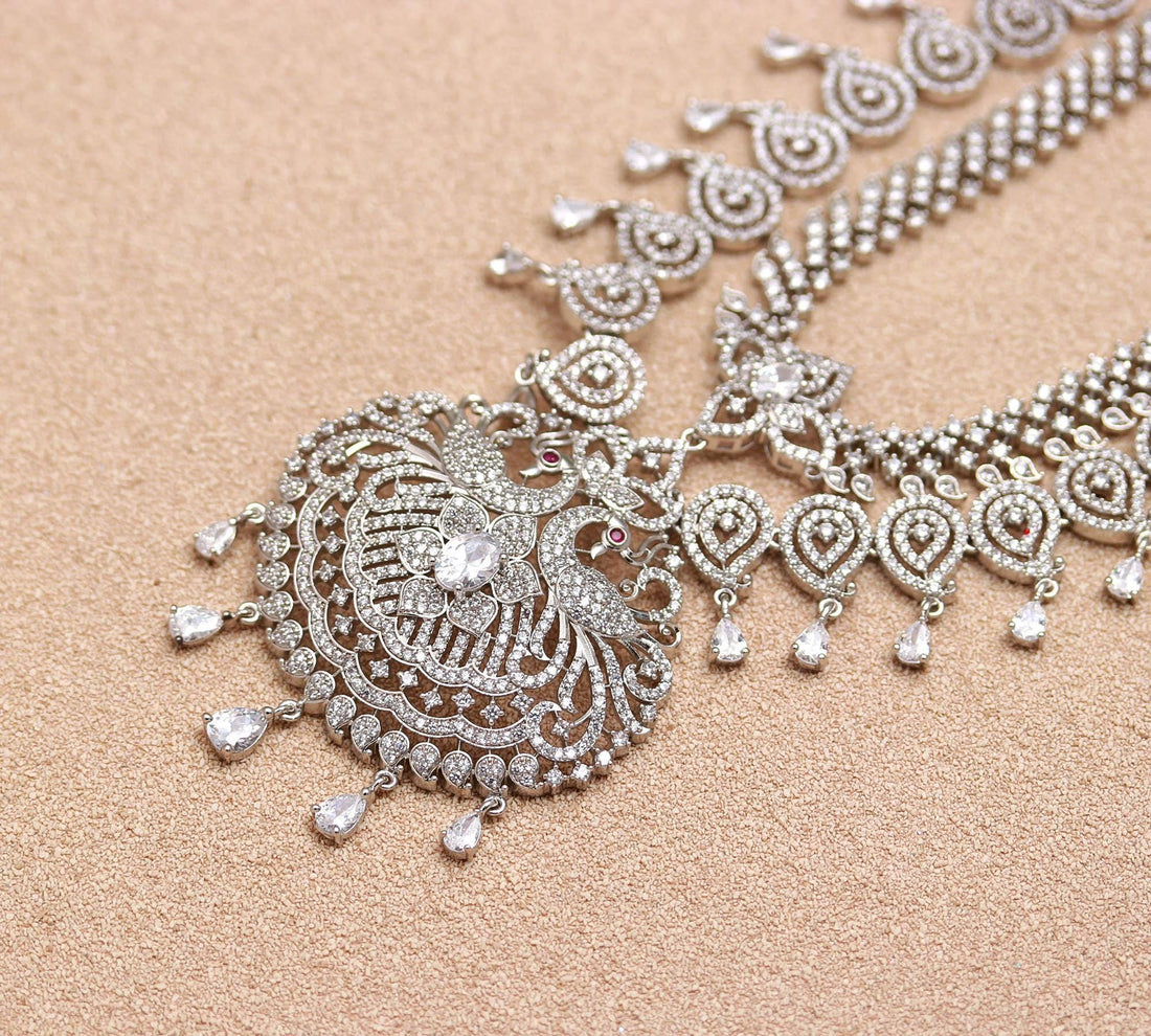 Premium Diamond Look Long Necklace Set | 2 Layer Bridal Jewelry | 18K White Gold Plated Brass Statement Necklace | South Indian Jewelry — 7