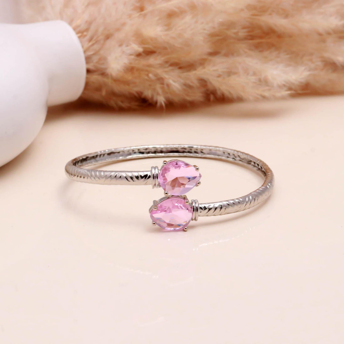 Adjustable Pink Sapphire Bracelet, Pear Cut Lab Grown Gemstone, 925 Silver Plated Brass Open Bangle Gift for Her | Bridal Kada — 2