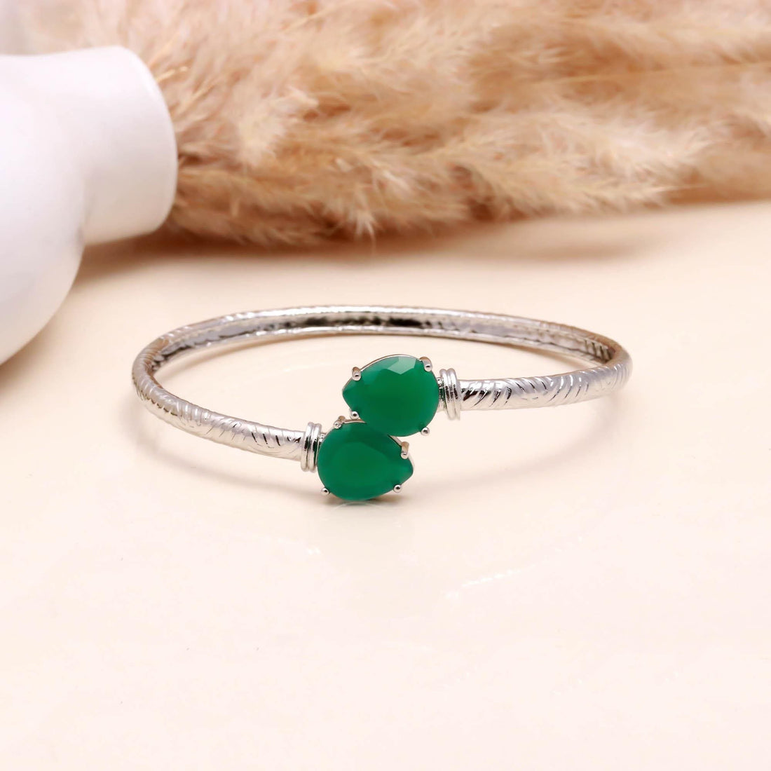 Adjustable Pear Cut Emerald Bracelet | 925 Silver Plated Brass Open Bangle | Minimalist Bridal Kada Green Emerald Jewelry | Gift for Her — 2