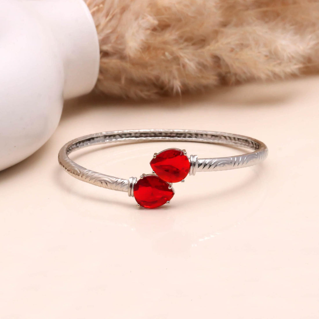 Adjustable Ruby Bracelet, Pear Cut Red Ruby, 925 Silver Plated Brass Open Bangle, Minimalist Gift for Her — 2