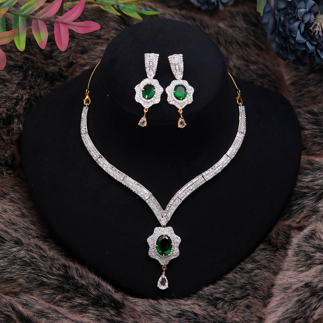 Y Shape Diamond Necklace Set | Centre Big Oval Emerald Premium CZ | 22K Gold Plated Brass Jewelry | Gift for Her