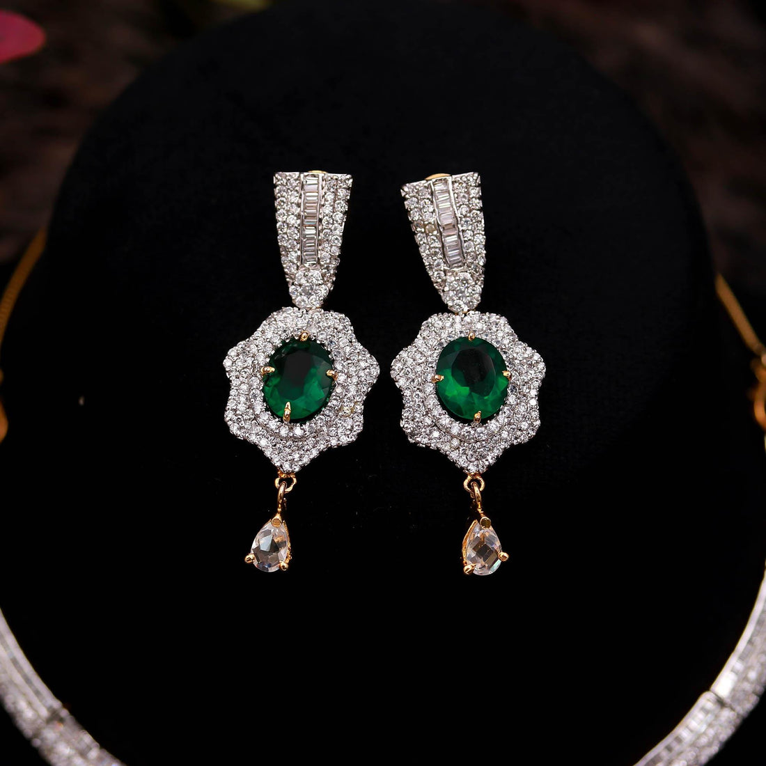 Y Shape Diamond Necklace Set | Centre Big Oval Emerald Premium CZ | 22K Gold Plated Brass Jewelry | Gift for Her — 2