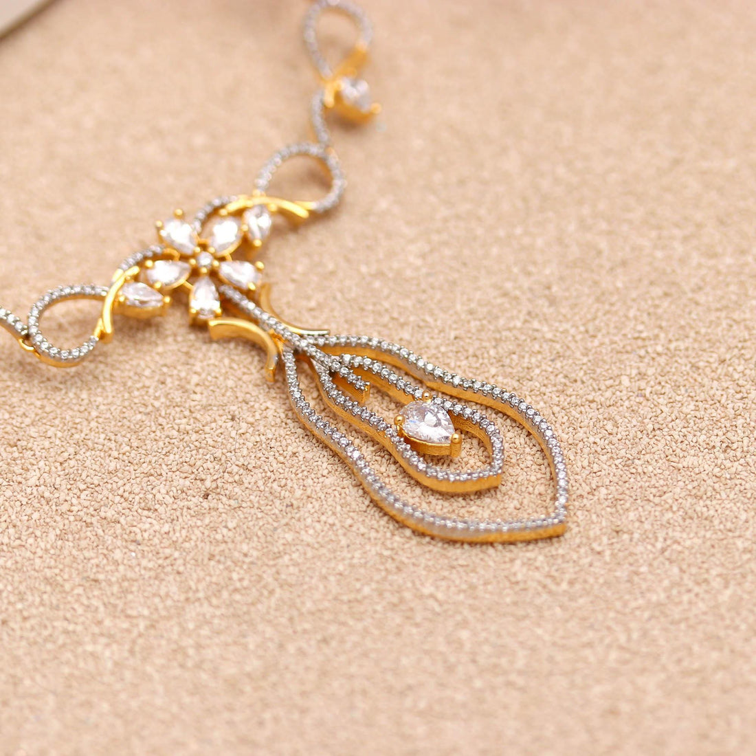 22K Gold Plated Brass Necklace Set with Diamond CZ Stones | Bridal Wedding Jewelry | Elegant Statement Necklace | Party Wear |Gift for Her — 5