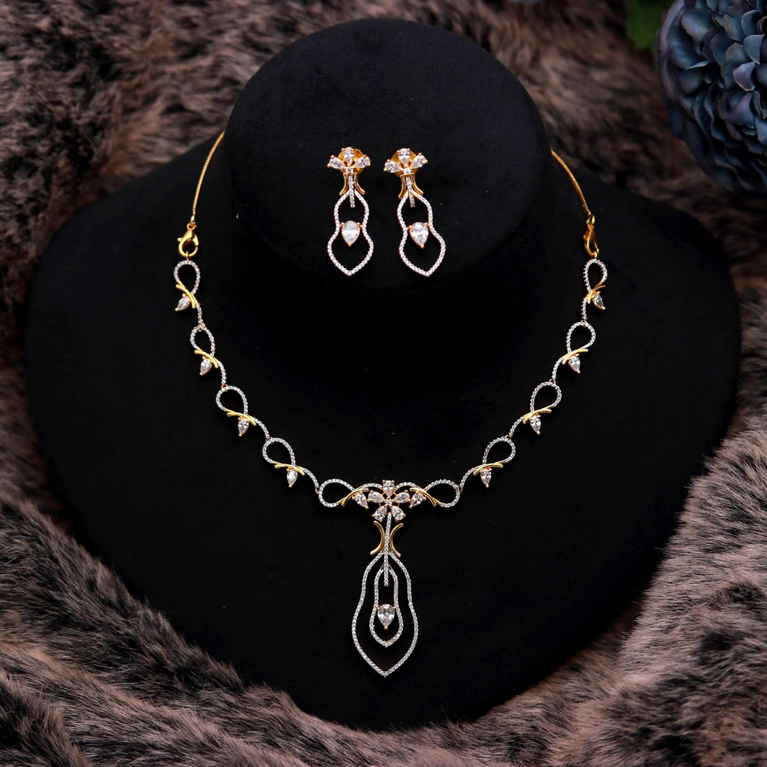 22K Gold Plated Brass Necklace Set with Diamond CZ Stones | Bridal Wedding Jewelry | Elegant Statement Necklace | Party Wear |Gift for Her