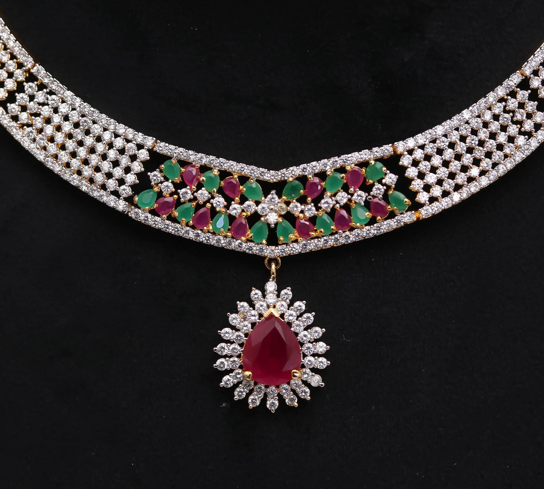 Ruby & CZ Necklace Set | 22K Gold Plated Brass Jewelry | Elegant Bridal Wedding Necklace Set | Bridal set | Jewelry Set — 5