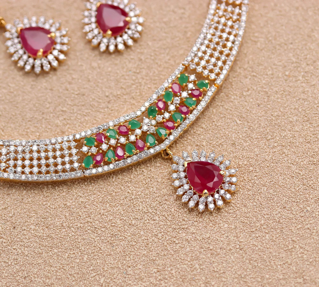 Ruby & CZ Necklace Set | 22K Gold Plated Brass Jewelry | Elegant Bridal Wedding Necklace Set | Bridal set | Jewelry Set — 3