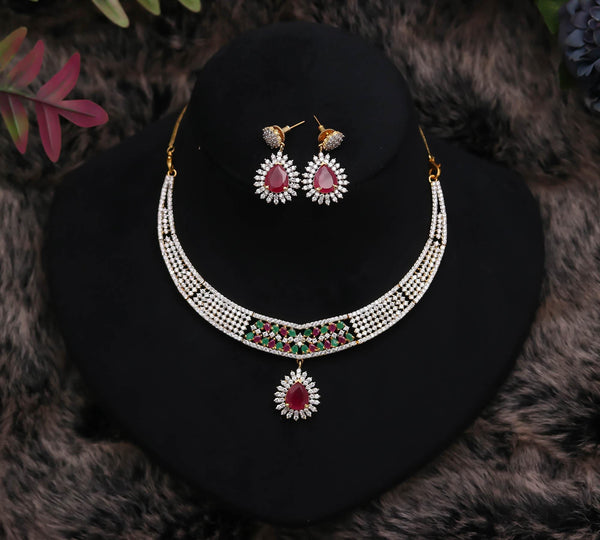 Ruby & CZ Necklace Set | 22K Gold Plated Brass Jewelry | Elegant Bridal Wedding Necklace Set | Bridal set | Jewelry Set