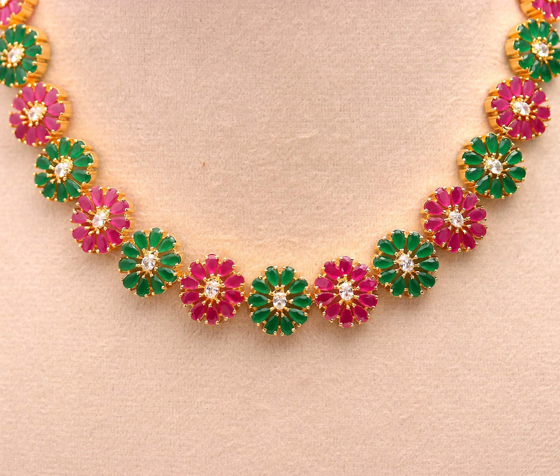 22K Gold Plated Floral Necklace Set | Pear Shaped Emerald Ruby & CZ Stones | Elegant Bridal Jewelry — 2