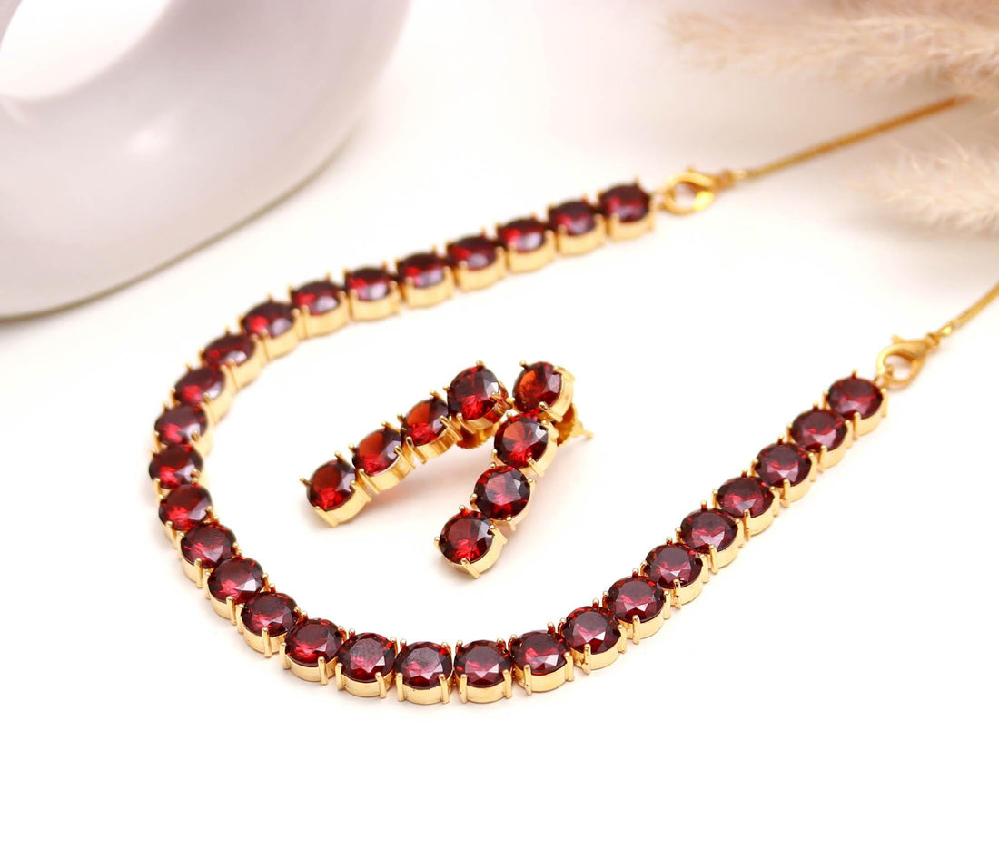 22K Gold Plated Necklace Set with Garnet | Traditional Gemstone Jewelry Set | Elegant Gift for Her | Tennis Necklace — 4