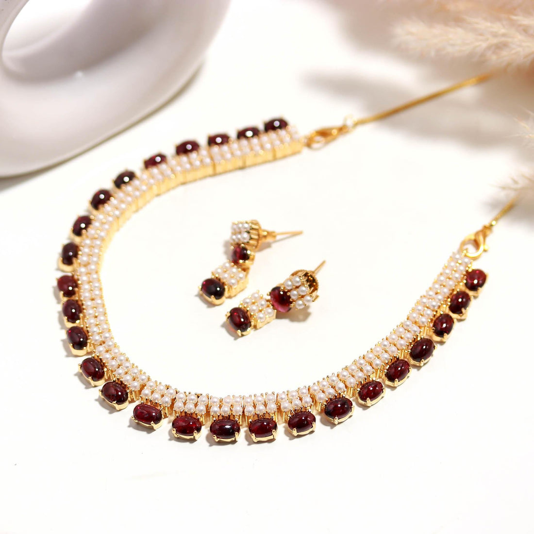 22K Gold Plated Brass Garnet & Pearl Necklace Set | Oval Gemstone Necklace | Adjustable Chain | Elegant Handmade Jewelry | Gift For Her — 4