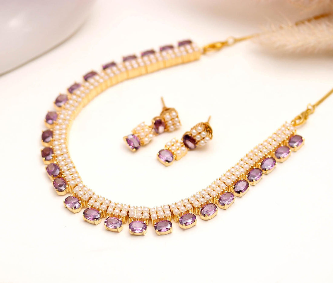 African Amethyst & Pearl Necklace Set | 22K Gold Plated Brass Jewelry | Oval Gemstone Necklace | Adjustable Chain | Elegant Gift For Her — 4